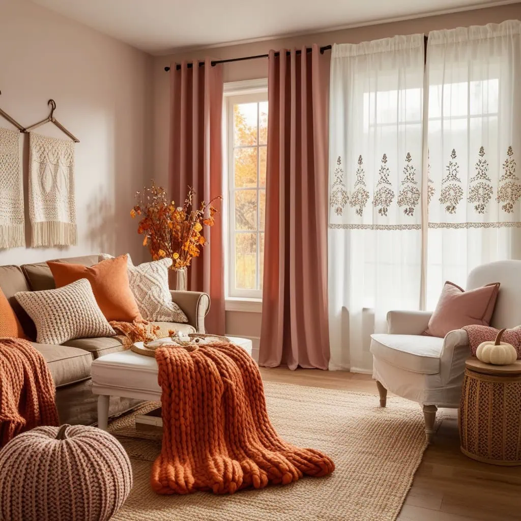 Beige sofa and plaid pillows for fall