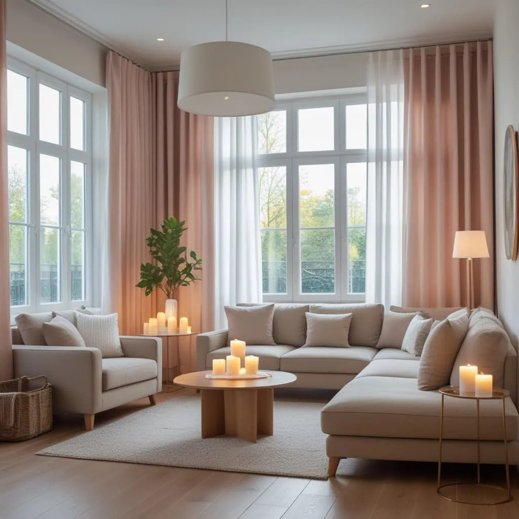 Combination of sheer curtains and modern roller shades for versatile lighting in a small modern living room