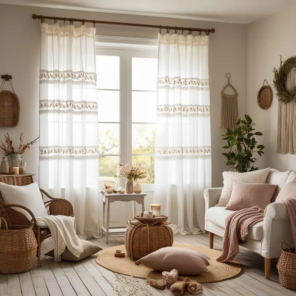 Cream curtains create a soft and inviting winter ambiance
