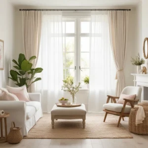 Light linen curtains adding a natural minimalist look to a small living room.