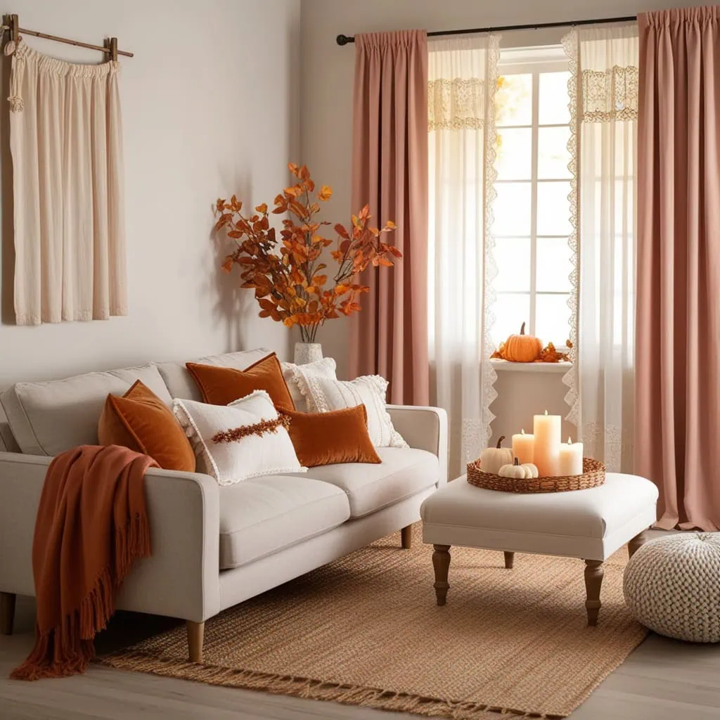 Layered pillows and chunky knit throws adding warmth to a cozy fall living room.