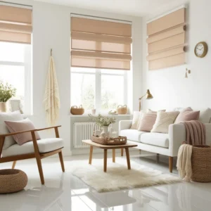 Sleek minimalist roller shades providing privacy and a clean modern look in a small living space