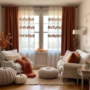 Layered rugs and textiles adding texture and comfort to a fall-inspired living room.