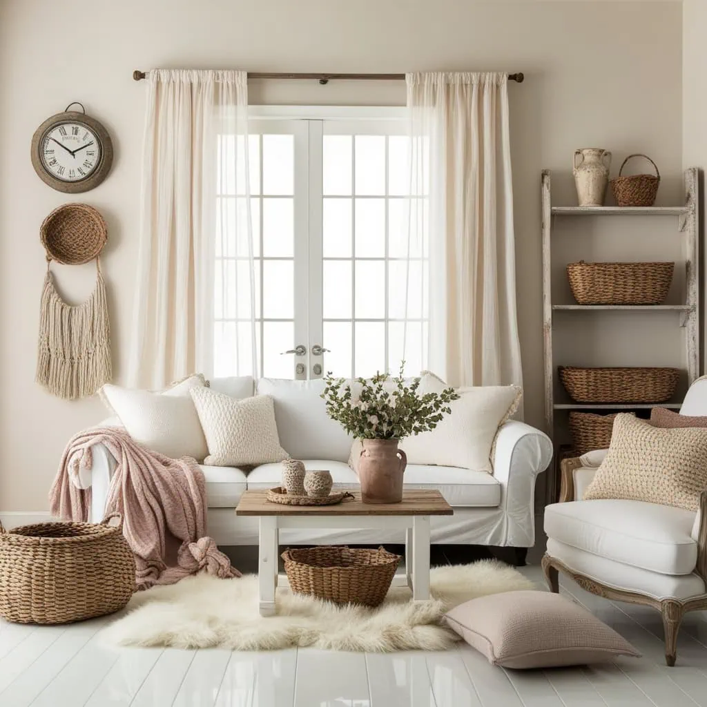 Beige and white farmhouse living room with natural textures and cozy textiles