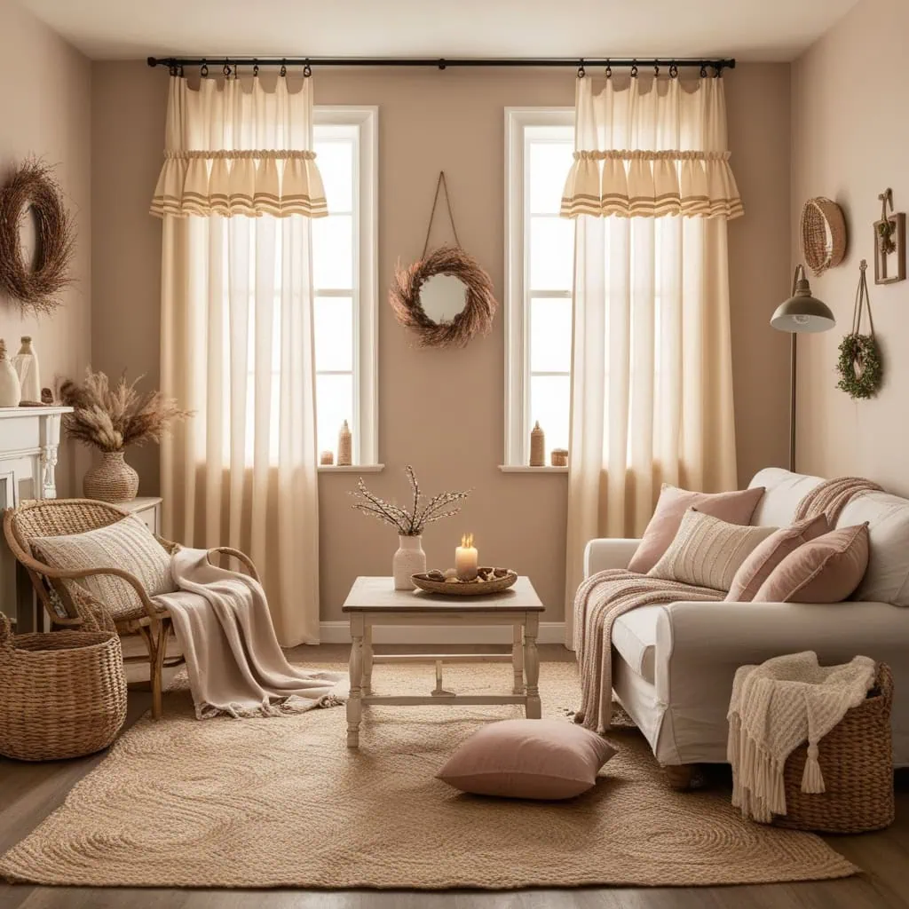 Cozy small living room with sheer curtains and warm winter lighting