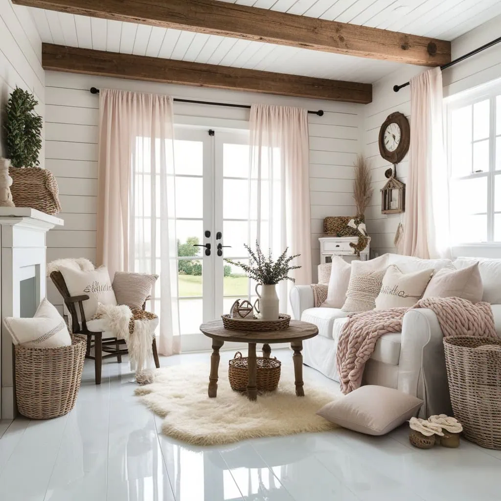 Wooden coffee table and beams adding rustic charm to farmhouse living room