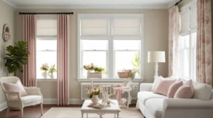 Minimalist roller shades offering clean and simple window styling in a small living room.