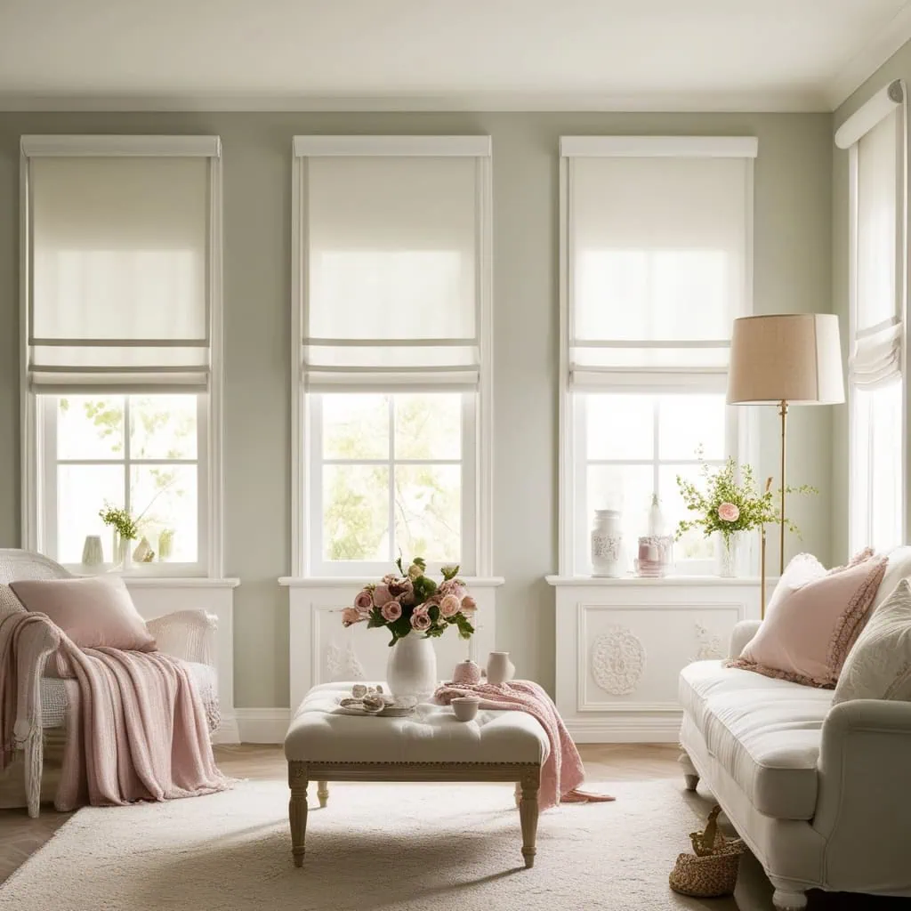 Roman shades styled in a modern, clean living space