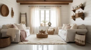 Rustic farmhouse living room with cozy neutral tones and reclaimed wood furniture
