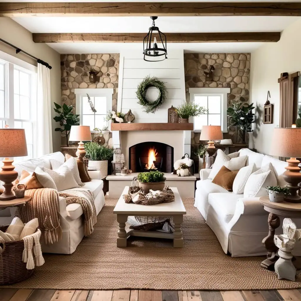White shiplap wall and exposed wooden ceiling beams in cozy farmhouse living room