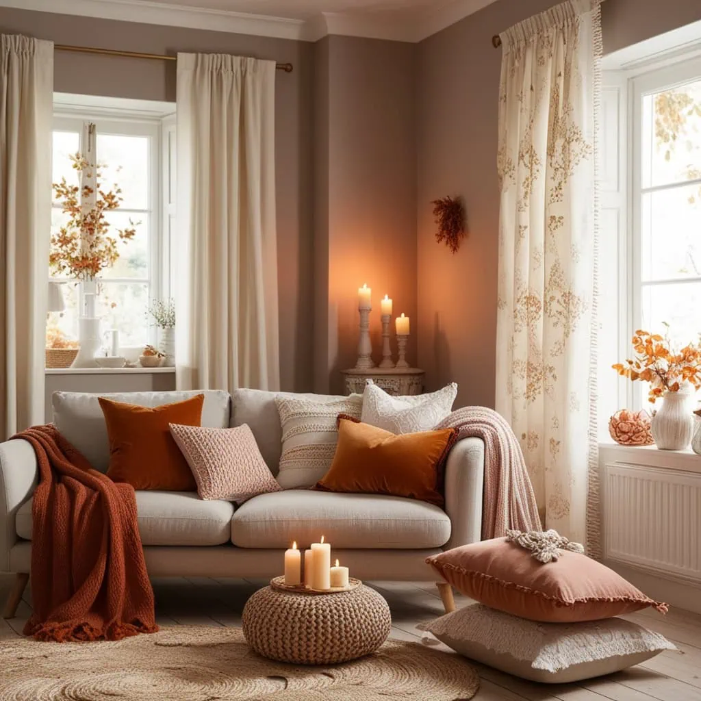 Fall color palette with burnt orange, beige, and olive green decor ideas.
