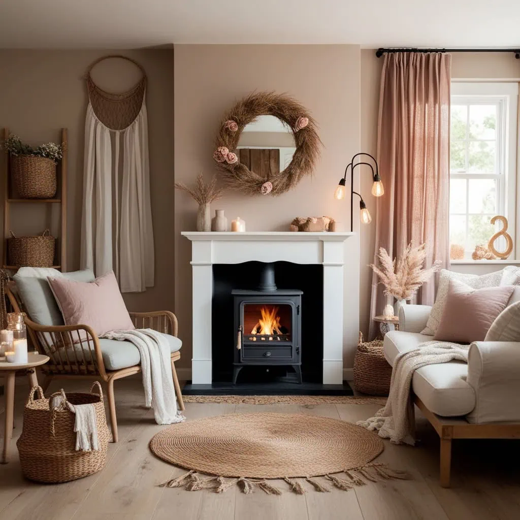 Warm small fireplace idea with candles and throws