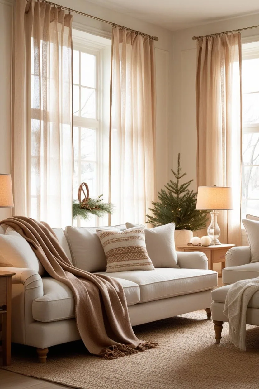 Lightweight sheer curtains allowing sunlight to brighten a compact living room