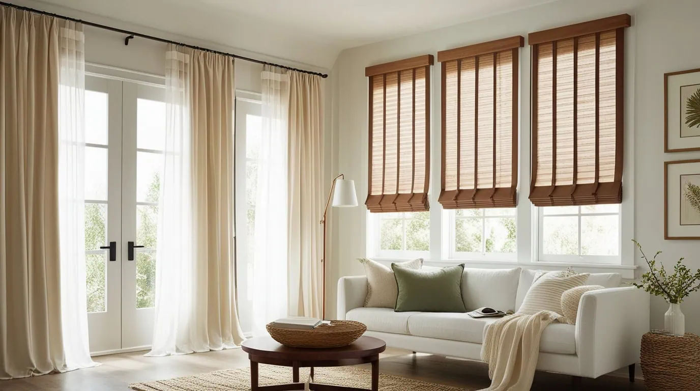 Combination of sheer curtains and blinds for layered window treatments in a compact living room