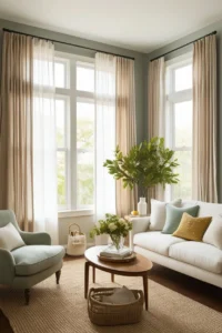 Light-colored voile curtains softening the look of large windows in a small living room