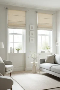 Minimalist window treatments in a small living room emphasizing simplicity and light flow