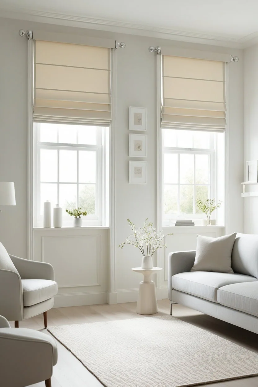 Minimalist window treatments in a small living room emphasizing simplicity and light flow