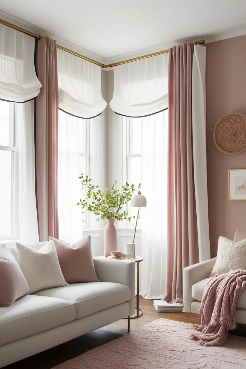 Roman shades adding softness to a bright living room