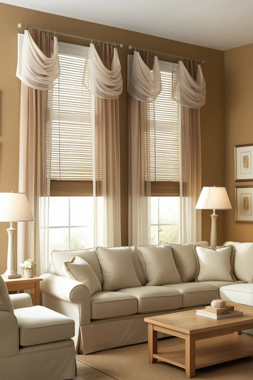 Light-colored voile curtains softening the look of large windows in a small living room