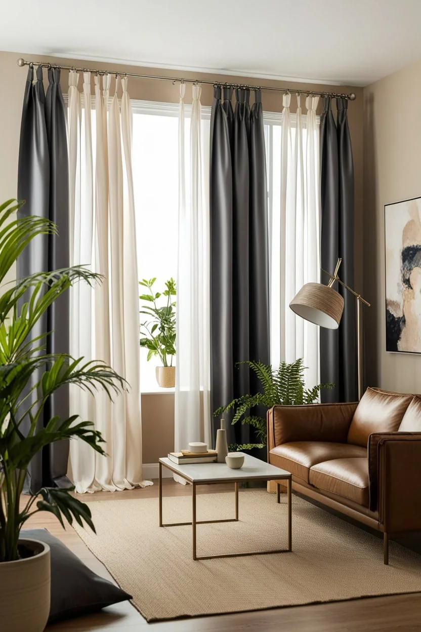 Modern living room with warm-toned blackout curtains