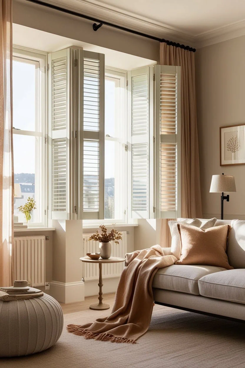 Light-filtering cellular shades in a small, calm living room