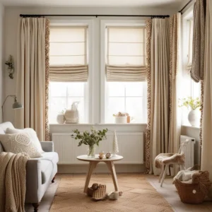 Small living room featuring cozy winter window treatments for warmth and comfort
