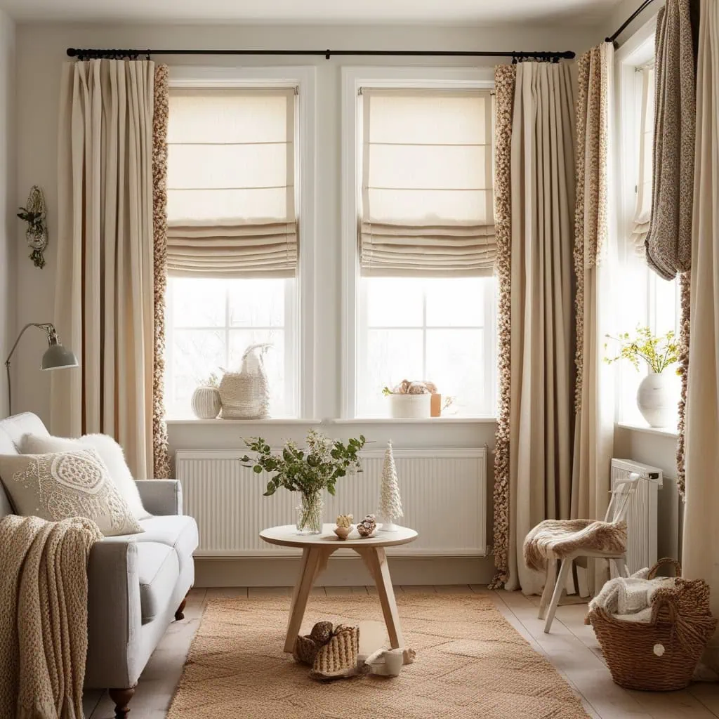 Small living room featuring cozy winter window treatments for warmth and comfort