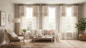 Layered window treatments in a small living room.