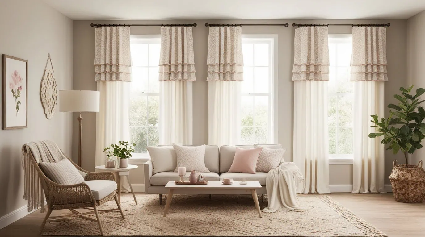 Layered window treatments in a small living room.
