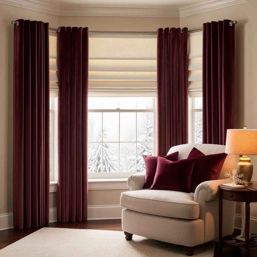 Layered curtains and shades creating a soft, warm atmosphere