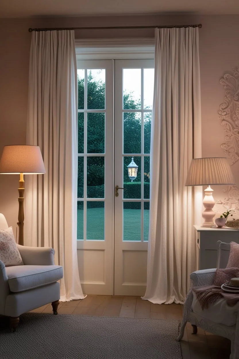 White linen blackout curtains creating a calm and private space