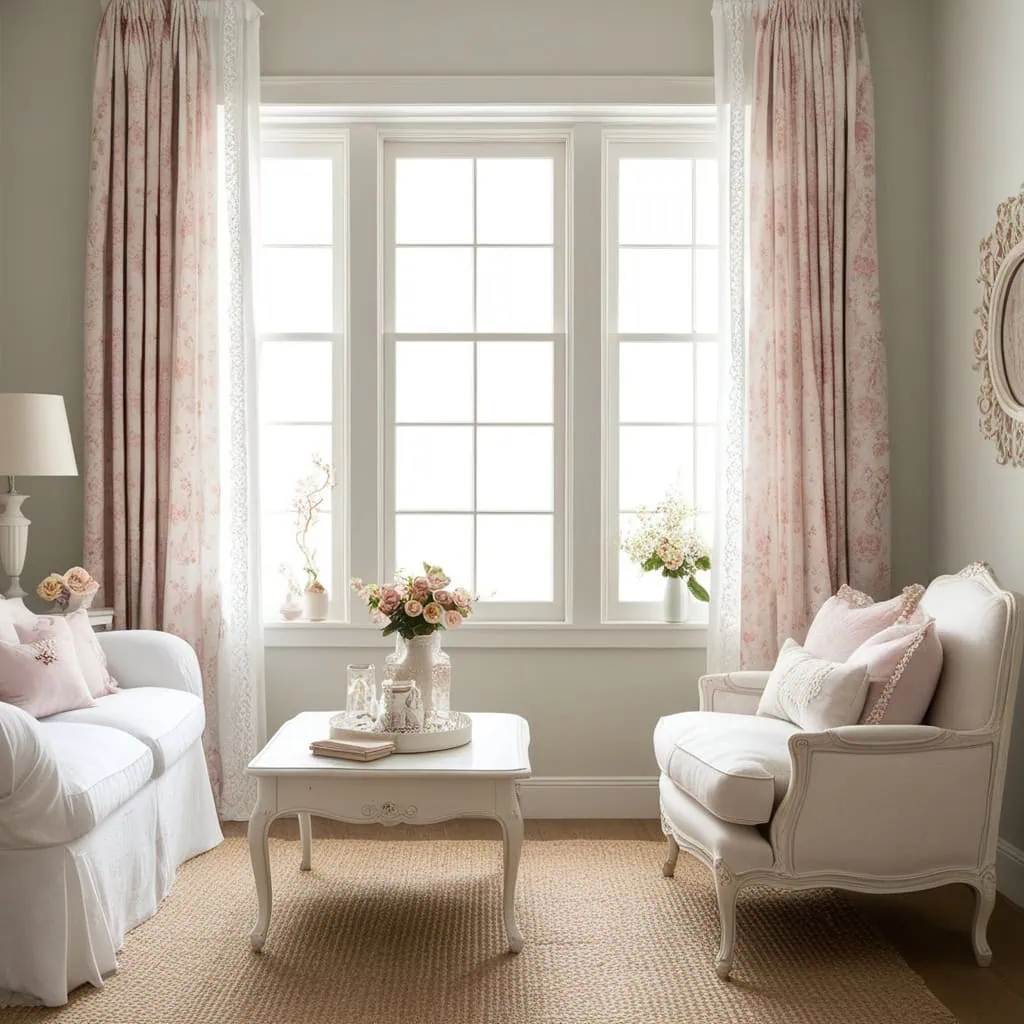 Modern small living room with layered window coverings.