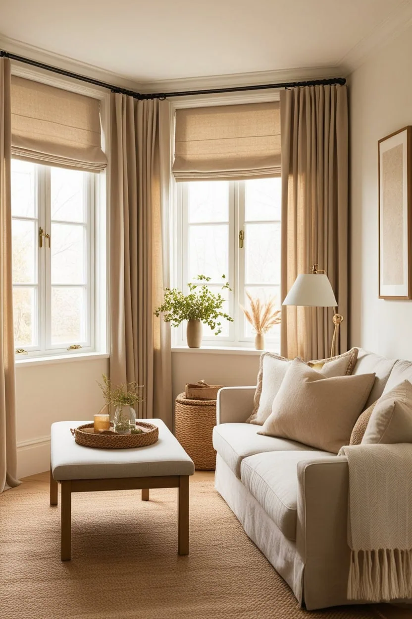 White linen blackout curtains creating a calm and private space