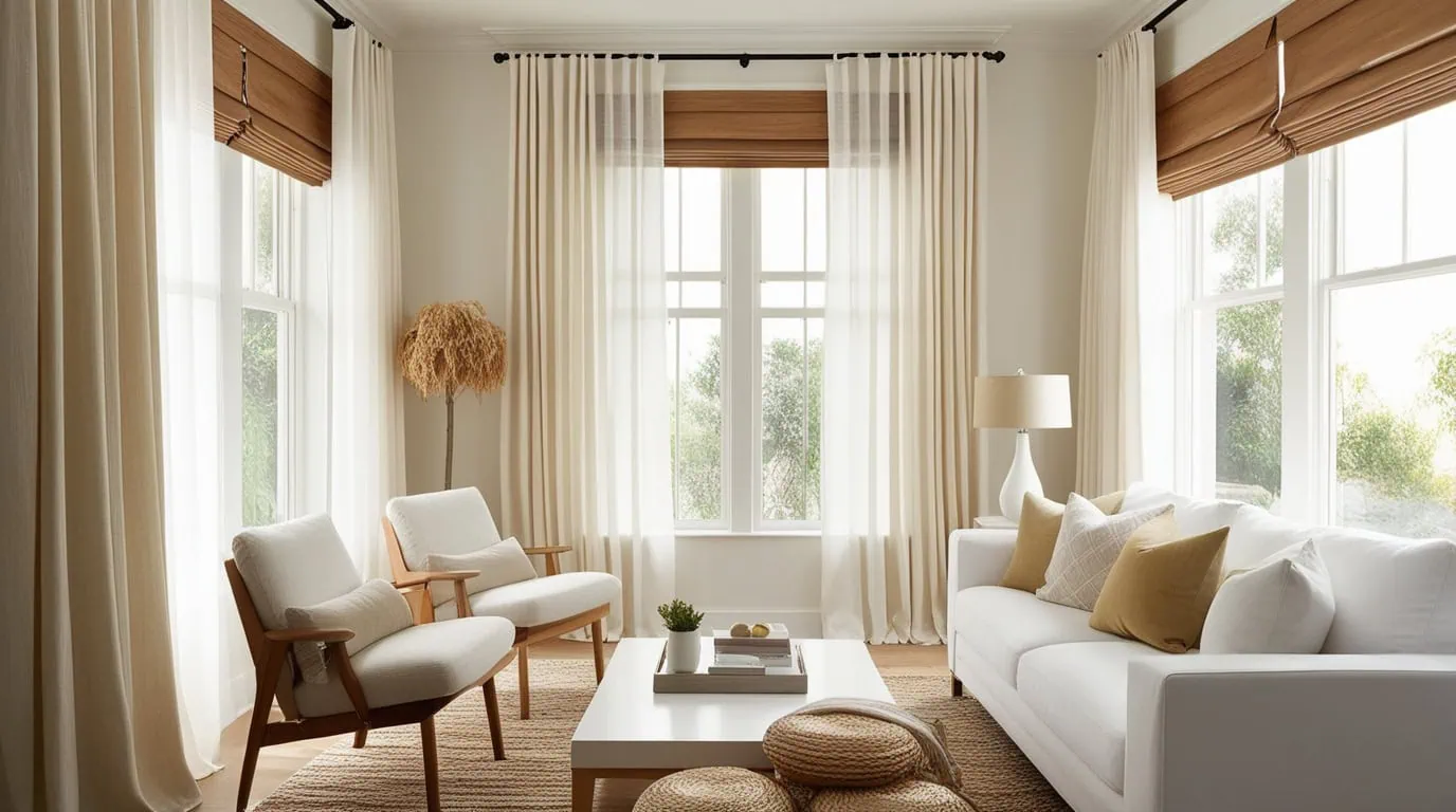 Privacy window treatments styled in a cozy small living room