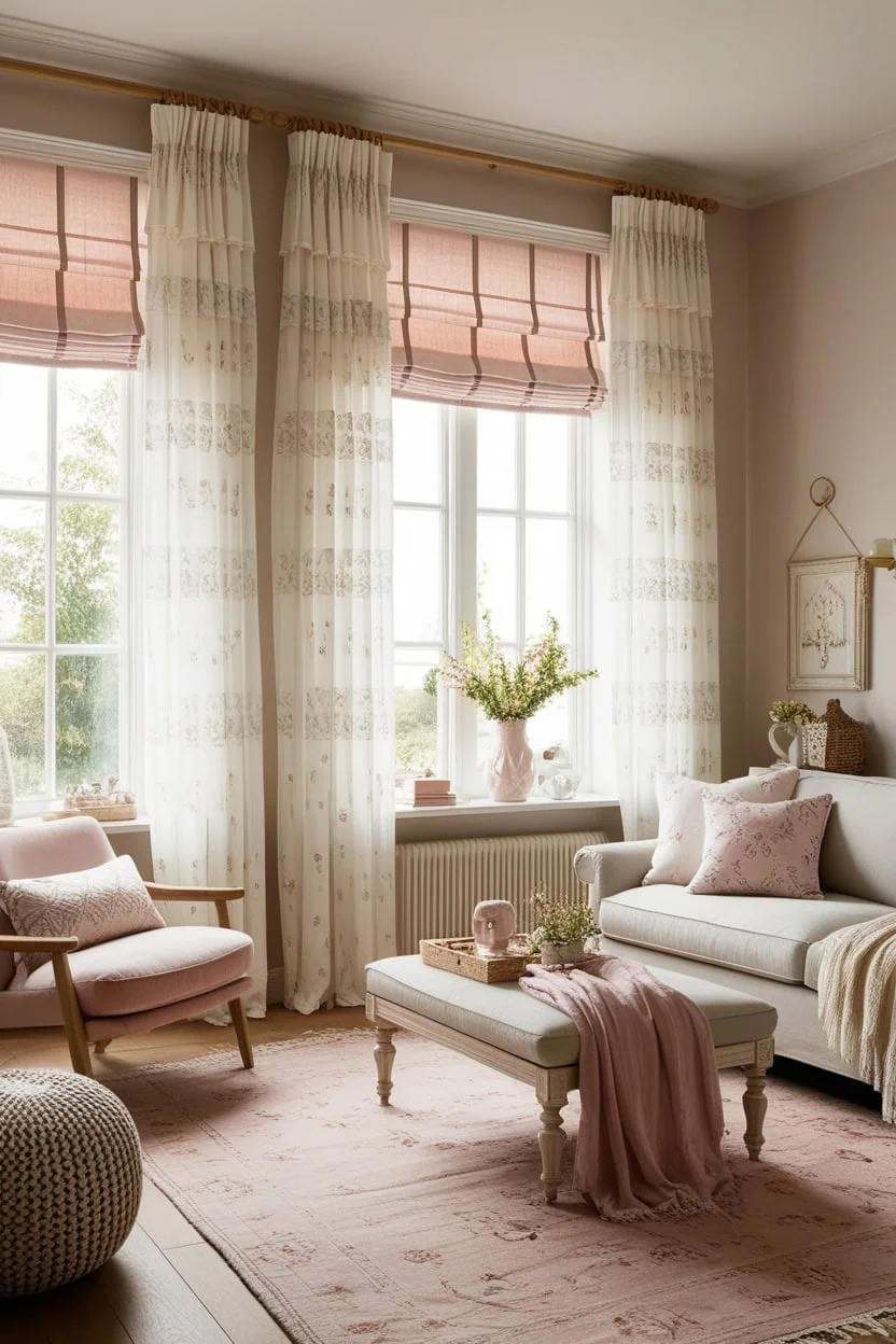 Layered window treatments with sheer and solid panels creating style and privacy in a small living room