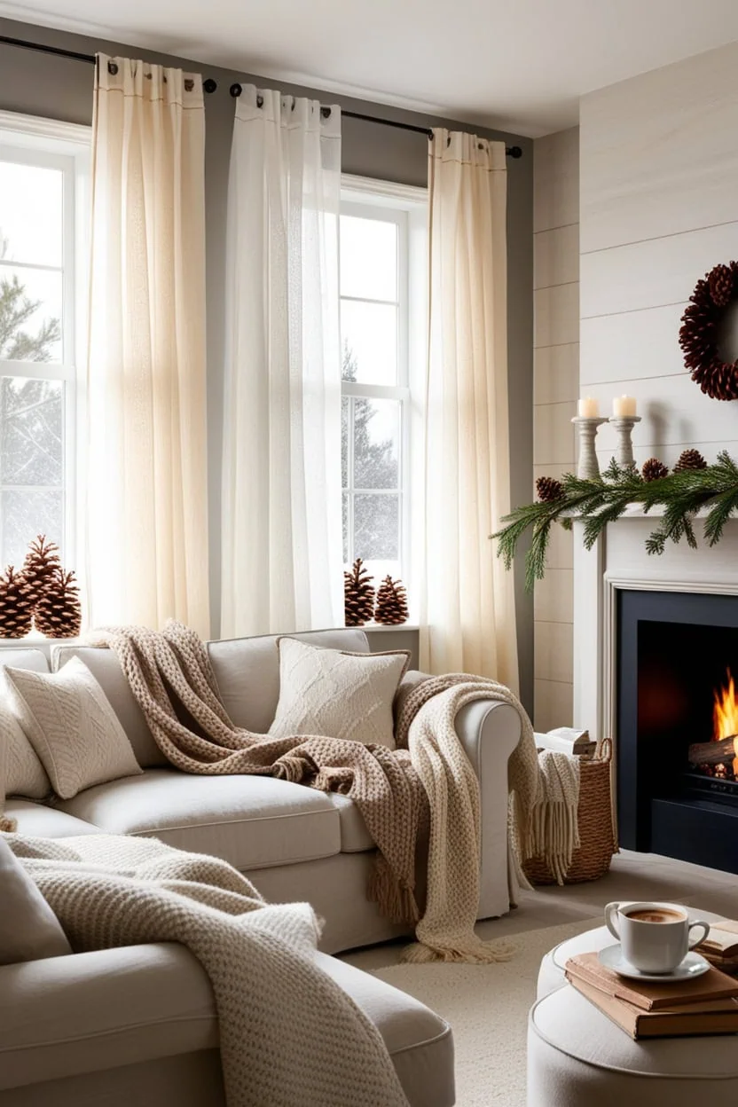 Winter voile curtains letting soft light into a cozy room