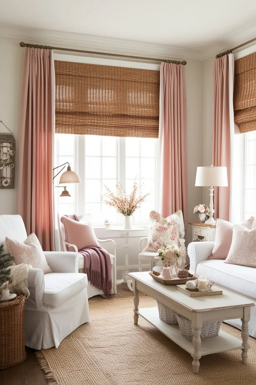Wooden blinds adding warm texture to a cozy living room