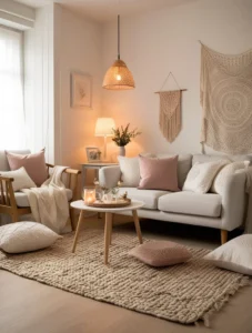 Cozy modern decor in a small living room using textures and warm lighting