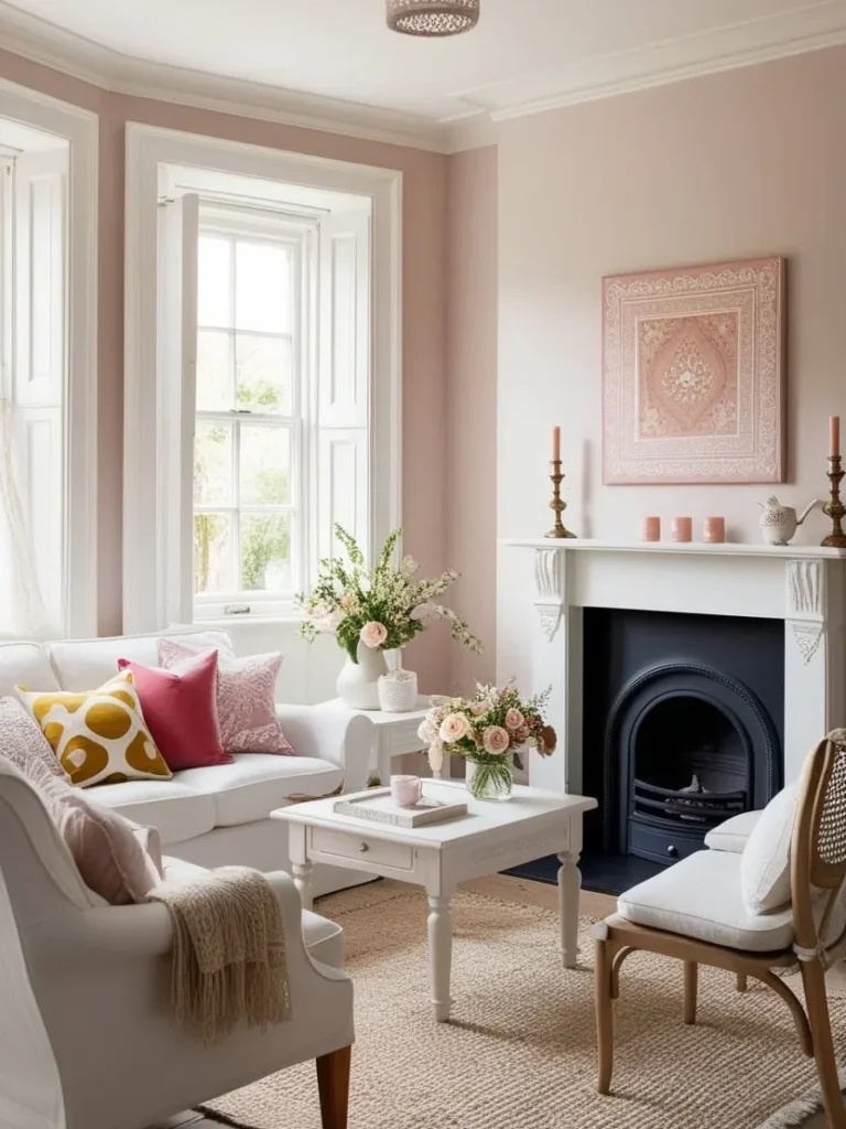 Artwork displayed above the mantel in a small living room