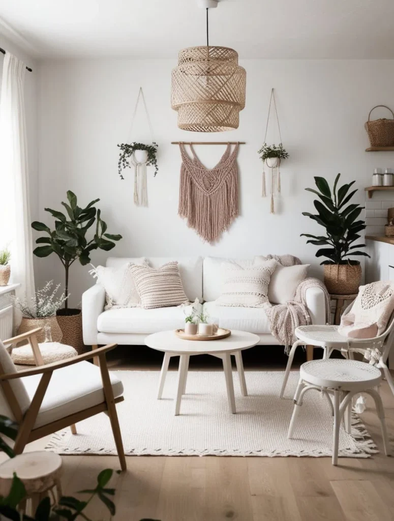 Minimalist living room with soft boho accents and neutral decor