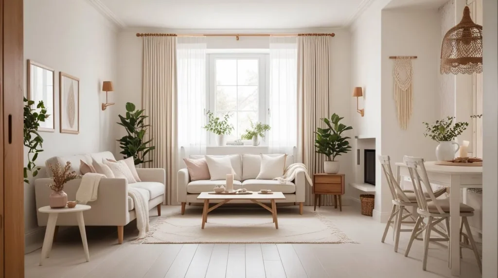 Modern small living room filled with natural light and sheer curtains