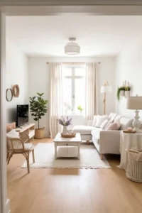 Wall-mounted TV in a small living room to free up floor space