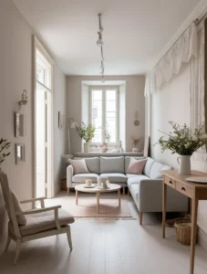 Sectional sofa defining zones in a small open-plan living room layout