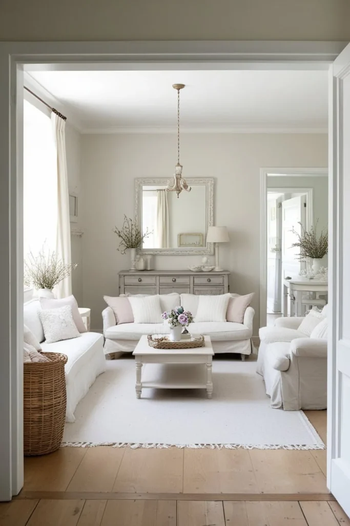 Open-concept living area with minimal furniture and soft tones