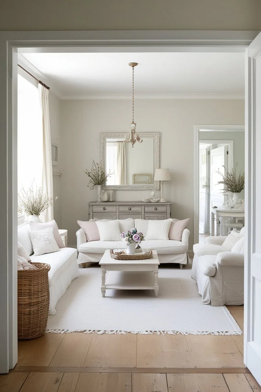 Open-concept living area with minimal furniture and soft tones