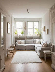 Floating sectional layout in a small living room with a rug and open walkways