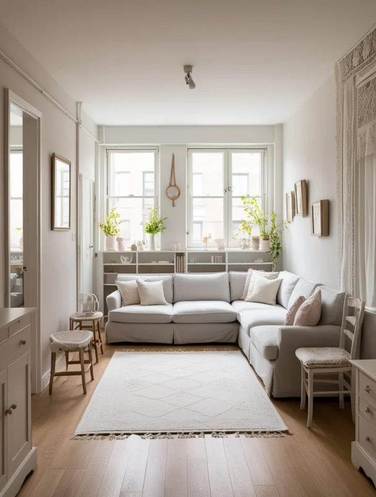 Floating sectional layout in a small living room with a rug and open walkways