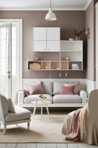 Floating shelves on walls in a small living room for stylish storage