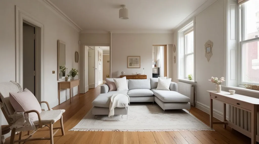 L-shaped sectional layout in a small living room maximizing space and comfort