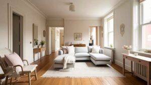 Modern lighting setup in a small living room using floor lamps and soft ambient light